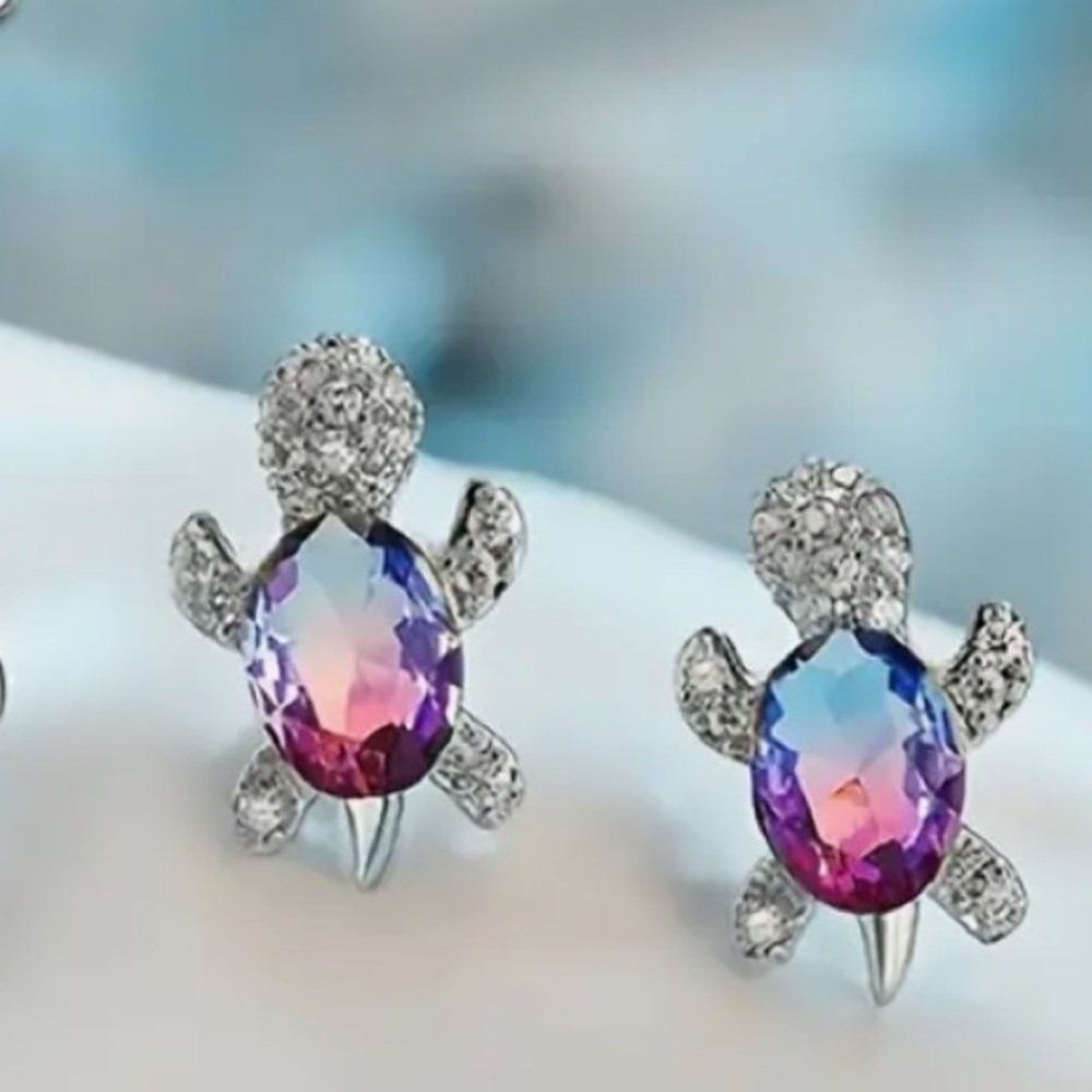 TURTLES Crystal Bling Pink & Purple 3 pc Silver Necklace and Earring Set… - Picture 3 of 5